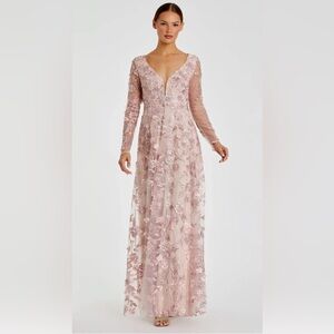 MAC DUGGAL Pink Floral Applique Long Sleeve Illusion Gown size 10 70224 NWT